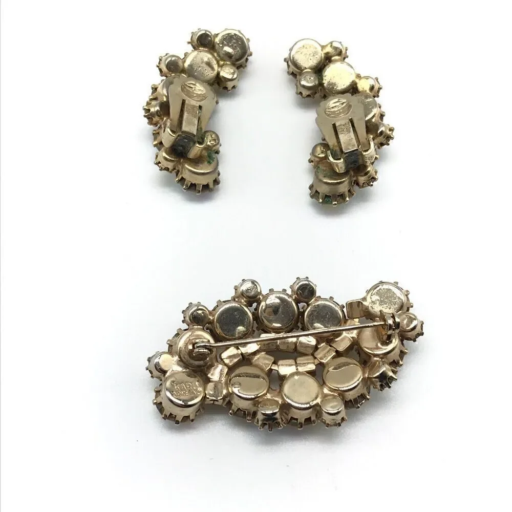 Karu Arke Inc Signed Vintage AB Rhinestone Brooch Pin Clip On Earrings Set